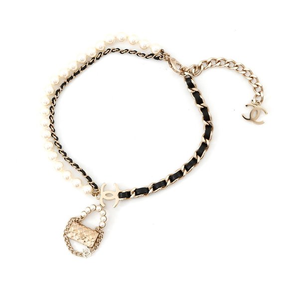 CHANEL Gold Pearl Leather Logo Necklace - Picture 1 of 10